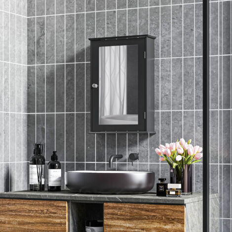 Specchio Bagno Contenitore con Chiusura Magnetica, Mobiletto Bagno da Parete Salvaspazio in Legno, 41x14x60cm, Nero