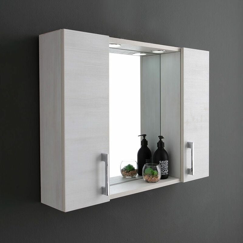 Kiamami Valentina - Specchio Bagno Contenitore Con Due Pensili Rovere Bianco e Luce Led