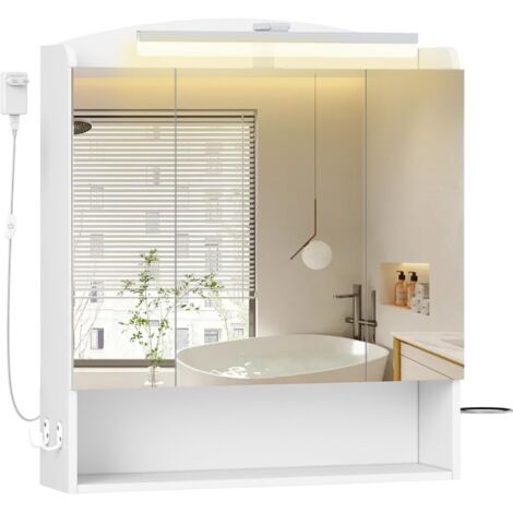 Specchio Bagno Contenitore, Mobiletto a Specchio con LED, Porta Asciugacapelli e Ganci, Interruttore e Spina, Ripiani Regolabili, Bianco