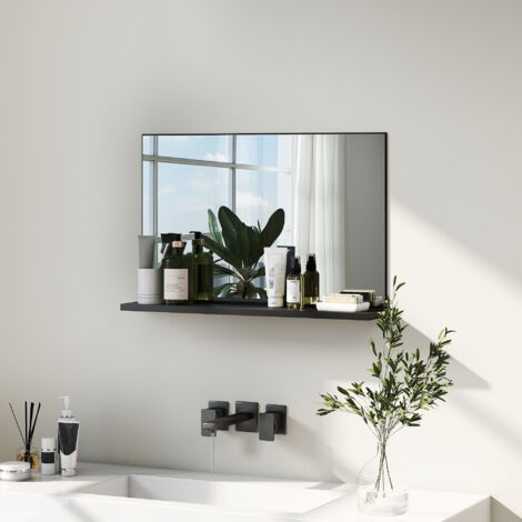 Specchio Bagno da Parete con Mensola, Specchiera Moderna Multiuso per Bagno, Camera e Ingresso, 60x12x40 cm, Nero
