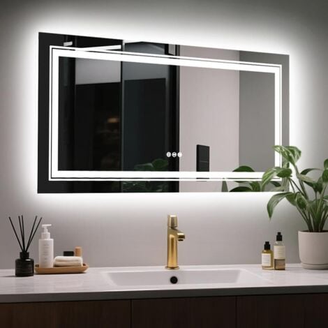 Specchio Bagno LED 105x50cm Luce Retroilluminato + Frontale, Piu luminoso, Specchio Smart Rettangolare touch, Dimmerabile 3 Colori, Antiappannamento