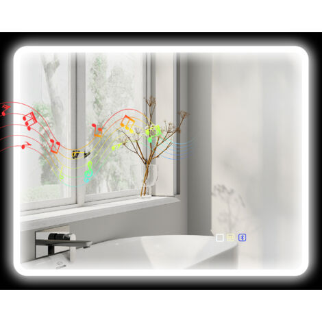 Specchio Bagno LED con Bluetooth, Illuminazione Regolabile e Funzione Memory, in Vetro Temperato, 90x70x3.5 cm
