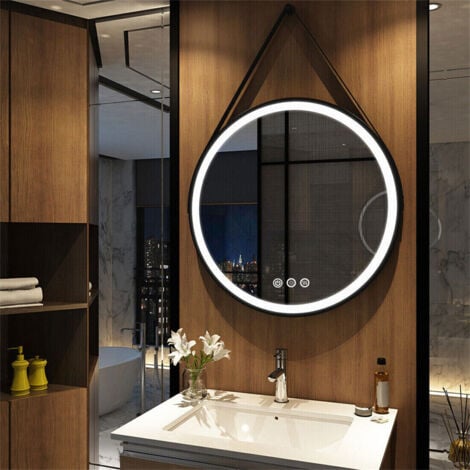 Specchio Bagno Led Luce 80cm Rotondo con Nero Cornice, Cinghia, Disappannamento, Interruttore Touch, Dimmerabile, Memoria