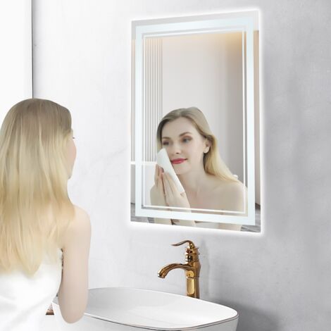 Specchio bagno LED Sanitemodar 50x70cm, specchio bagno con interruttore a parete, specchio parete con luci a tre colori, anti-appannamento, interruttore touch