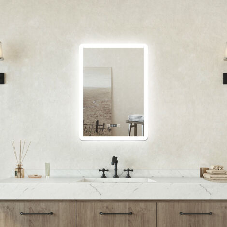 Specchio bagno Rettangolare 60x80cm Led Con 3 Luci + Orologio + Antiappannamento