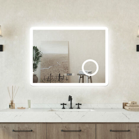 Specchio bagno Rettangolare 80x60cm Led Con 3 Luci + 3X Lente d'ingrandimento + Orologio + Antiappannamento