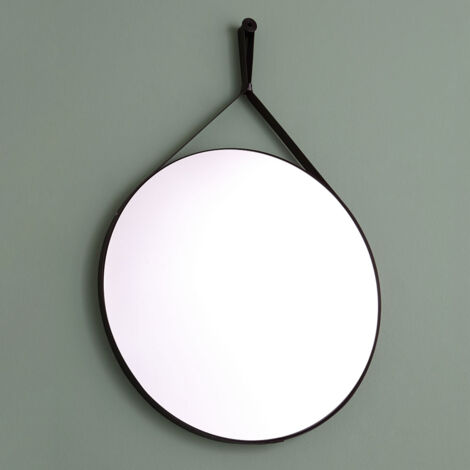 Specchio bagno rotondo con laccio pelle nera