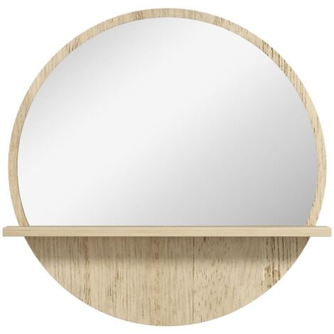 SPECCHIO BAGNO ROTONDO IN TRUCIOLATO E VETRO CON RIPIANO PORTAOGGETTI E 2 GANCI POSTERIORI. Ø45X10 CM