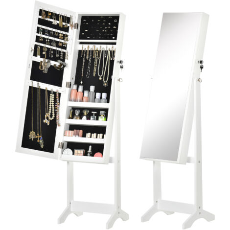 Specchio con Armadietto Portagioielli da Terra 46x36,5x151,5 cm con Serratura e Organizer in MDF Bianco