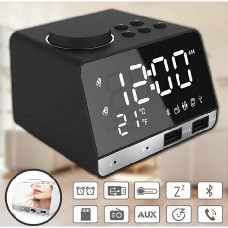 Specchio con doppia sveglia a LED, radiosveglia con altoparlante per il bagno con bassi potenti, Bluetooth wireless + porta USB + FM