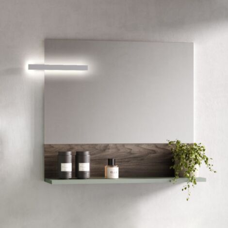 Specchio con lampada LED ripiano 80 cm in legno salvia opaco e base olmo caffe'