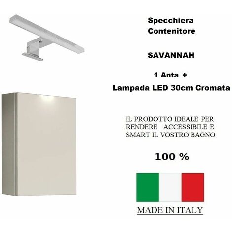 Specchio Contenitore Bagno 1 ANTA. Specchiera Armadietto a Parete + Lampada LED Cromata.