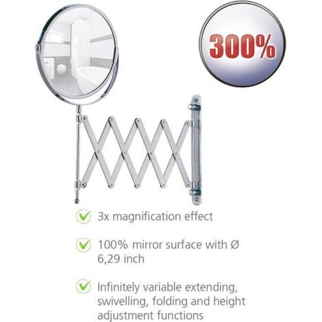 Specchio cosmetico da parete con braccio telescopico - regolabile, superficie specchio ø 16 cm ingrandimento 300%, acciaio