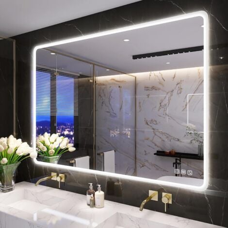 Specchio da bagno a LED 100 x 70 cm con altoparlante Bluetooth Specchio da bagno con illuminazione antiappannamento Orizzonte verticale