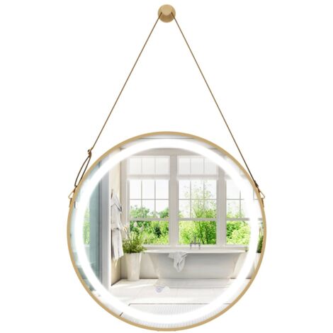 Specchio da bagno antiappannamento con interruttore touch per illuminazione, Specchio con gancio cinghia di sospensione luce led a 3 colori