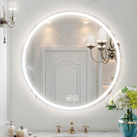 Specchio da bagno con illuminazione a LED rotonda 70 cm,SDLOGAL,Ø70 cm Specchio da bagno Sdlogal con sensore a LED, anticuoruga, con pulsante tocco intelligente, risparmio energetico, facile da instal