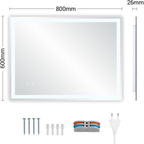 Specchio da bagno con illuminazione, specchio LED con 3 colori di luce dimmerabili, vetro temperato, protezione antideflagrante, interruttore touch, (80 x 60 cm)