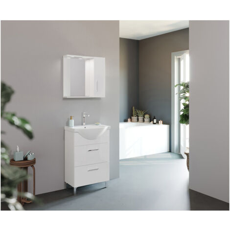 Specchio da bagno 1 anta bianco – Dimensioni 58 x 15 x h 57 cm – Con luci a LED – Due ripiani in legno