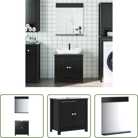 Specchio da bagno -  Set Mobili da Bagno 2 pz BERG Nero in Legno Massello di Pino