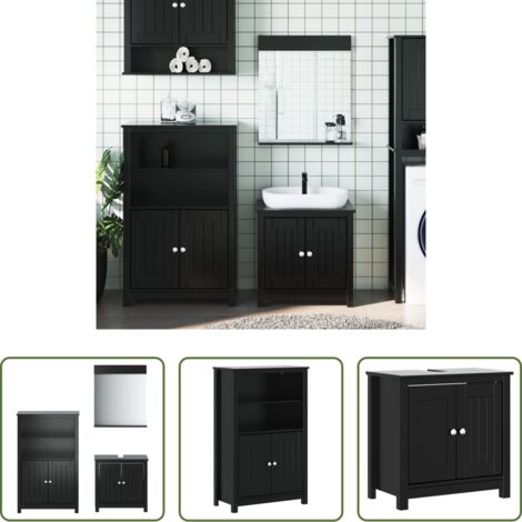 Specchio da bagno -  Set Mobili da Bagno 3 pz BERG Nero in Legno Massello di Pino