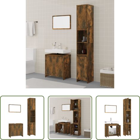 Specchio da bagno -  Set Mobili da Bagno 3 pz Rovere Fumo in Legno Multistrato