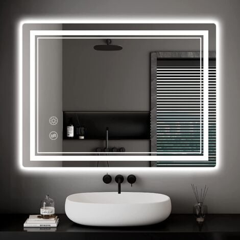 Specchio da bagno Wowttrelax con luci a LED, 50 x 70 cm, retroilluminato, specchio da trucco a parete con interruttore dimmerabile, 3 colori e cuscinetto antiappannamento, orizzontale/verticale