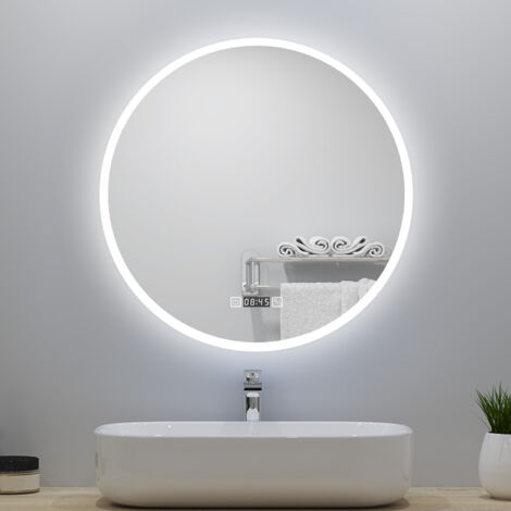 Specchio da bagno,orologio, 3 temperature di colore, Antiappannamento, touch, Infinitamente Dimmerabile, diametro 80 cm, LED
