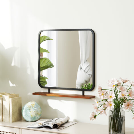 Specchio da parete 55 x 55,5 cm con ripiano in legno, specchio rettangolare per corridoio o bagno, design decorativo, nero