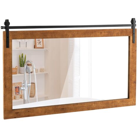 Specchio da parete con cornice in legno massiccio e staffa in metallo, Decorazione da parete in stile rustico Marrone