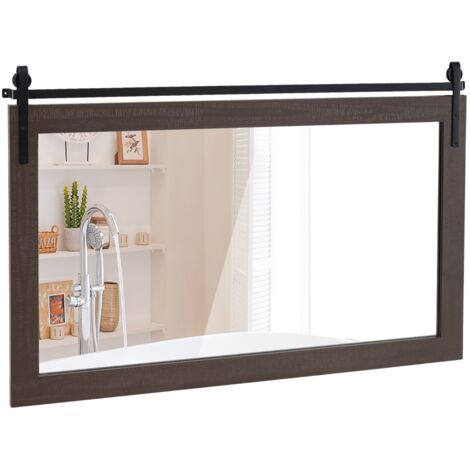 Specchio da parete con cornice in legno massiccio e staffa in metallo, Decorazione da parete in stile rustico Noce