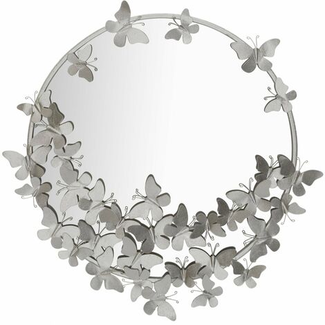 Specchio da parete con farfalle in ferro color argento per bagni e camere da letto -74 x 75 cm