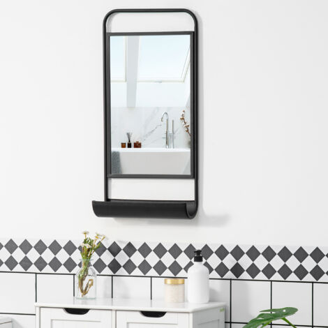 Specchio da Parete con Mensola Inferiore e Struttura in Metallo, Specchiera per Bagno e Camera da Letto, 36.2x12x71.7cm, Nero