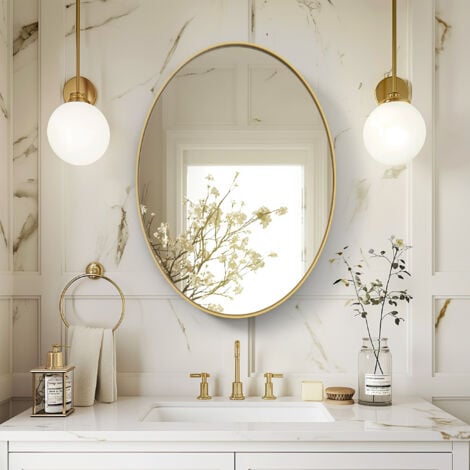 Specchio da Parete Decorativo Ovale 55x76cm Specchio Cornice Oro Vetro HD Specchio Ingresso Bagno