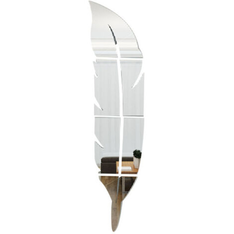 Specchio da parete in acrilico KZQ con piume argentate, rimovibile, autoadesivo, per soggiorno, camera da letto, bagno, arredamento rustico, 74 x 18 cm