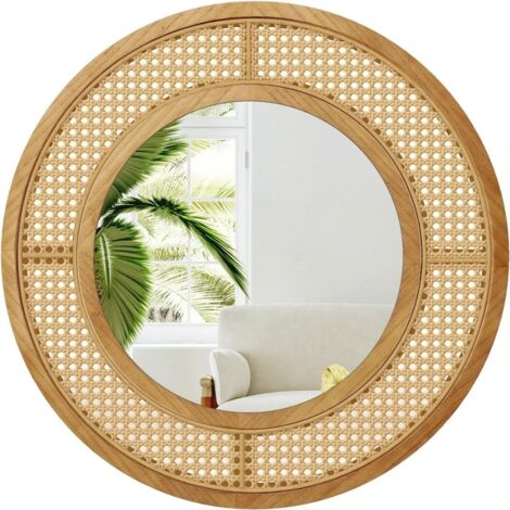 Specchio da parete in rattan con cornice in legno, Specchio decorativo rotondo bohemien da parete 65 x 65 cm