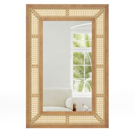 Specchio da parete in rattan con cornice in legno, Specchio decorativo rotondo bohemien da parete 90 x 60 cm