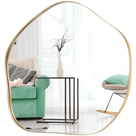Specchio da parete irregolare 75x70cm, Specchio asimmetrico con cornice in metallo e viti di espansione Oro