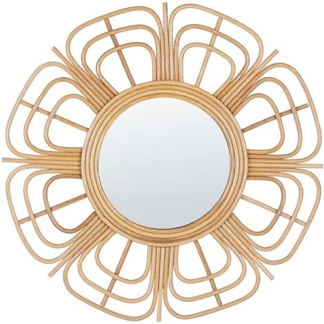 Specchio da parete rotondo moderno con cornice in rattan ø 60 cm beige Pasaku