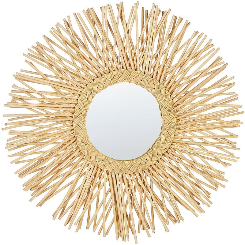 Specchio da parete rotondo moderno con cornice in rattan ø 60 cm chiaro Kalasin