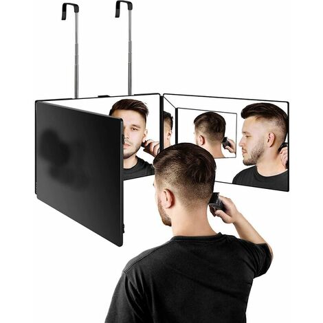 Specchio da parrucchiere a 360°, specchio da parrucchiere su 3 lati, specchio da appendere portatile, altezza regolabile, specchio da trucco pieghevole per parrucchiere, rasatura, uomo e donna, nero,