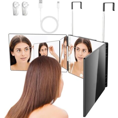Specchio da parrucchiere a 360°, specchio da parrucchiere per uomo, specchio tri-way, rifinitore per selfie a 360 gradi, con ganci, altezza regolabile, specchio da parrucchiere per rasatura e trucco.