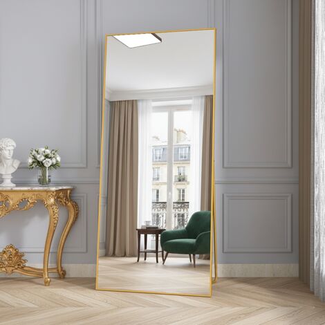 Specchio da terra 180x80 cm, rettangolare, utilizzabile anche da appendere, vetro ad alta definizione, cornice in lega di alluminio, base antiscivolo - dorato