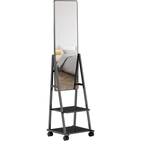 Specchio da Terra Autoportante con Ruote 42x37x155 cm in Acciaio e Legno Nero