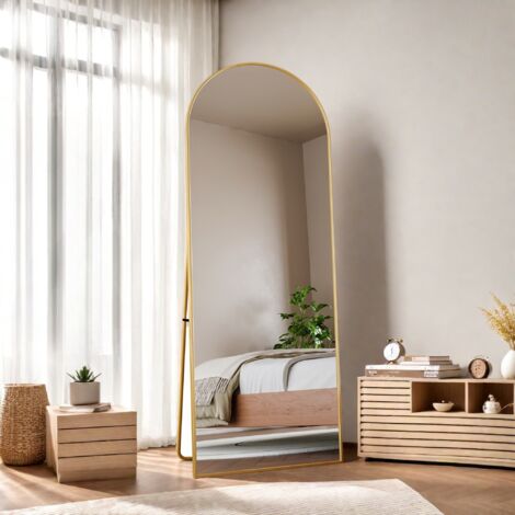 PERGAR Specchio da terra, specchio verticale a figura intera - 162x53 cm - Specchio da terra grande, specchio da spogliatoio e da parete con cornice sottile - Vetro temperato - Oro