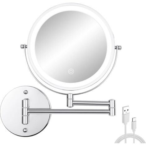 Specchio da trucco a parete con luce, specchio da barba bifacciale ingranditore 1x/10x da 8 pollici per bagno con luce a 3 colori, specchio da trucco telescopico ricaricabile