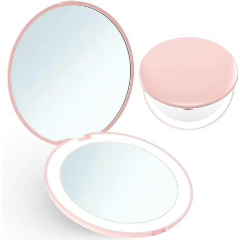 Specchio da trucco compatto con ingrandimento 1x/10x e luce LED per borsa - Pieghevole - Rosa