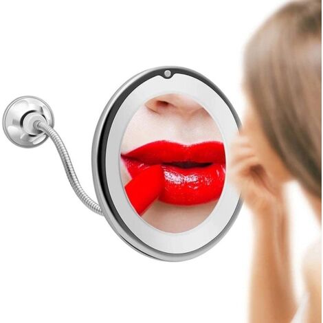 Specchio da trucco illuminato da parete con luce LED e ventosa, collo d'oca flessibile, girevole a 360 gradi, specchio ingranditore 10x per viaggi, specchio da bagno per casa