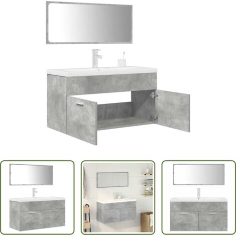 Specchio da trucco -  Set Mobili da Bagno 3 pz Grigio Cemento in Legno Multistrato