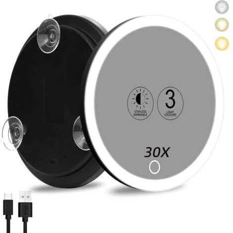 Specchio ingranditore 30x con luce, grande specchio da 10 cm con 3 colori e illuminazione soffusa, ingrandimento 30x, con 3 ventose