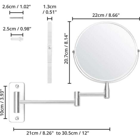 Specchio ingranditore da parete estensibile e girevole a 360° - Ingrandimento 5x - 22 x 20,7 cm - Specchio da parete per bagno bifacciale in acciaio inox